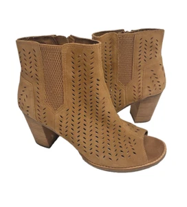 TOMS Majorca Caramel Suede Perforated Open Toe Ankle Booties Womens Size 10 - Picture 1 of 13