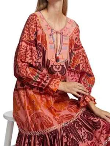 Farm Rio Ainika Print Macaws Maxi Dress M Medium Puff Sleeve Tassel Tie $345 - Picture 1 of 12
