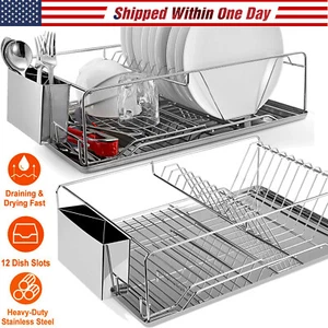Kitchen Dish Cup Drying Rack Drainer Dryer Tray Stainless Steel Cutlery Holder - Picture 1 of 12