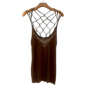 American Rag Cie braun Perlen bestickt Gitter Rücken ärmellos Boho Top-Gr. L - Bild 1 von 19