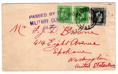Nueva Zelanda 1917 Primera Guerra Mundial Nueva Zelanda Cubierta de censor militar a EE. UU. Foto 1 de 2