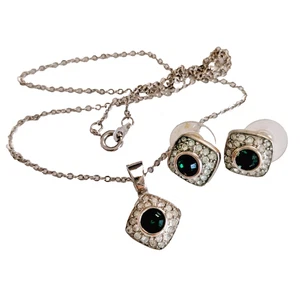 Emerald Green & Crystal Pave Silver Tone Pendant Rope Chain Necklace Earring Set - Picture 1 of 6