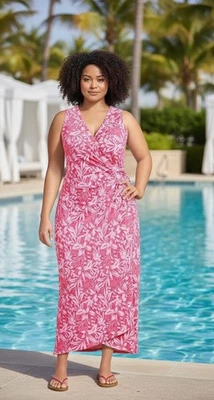 LANDS END Dress Womens Maxi Tulip Hem Faux Wrap Pink Floral NEW Plus Size 2X - Image 1 of 4