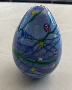 Glass Millefiori Egg Light Blue with Flat Bottom Signed - Picture 1 of 5