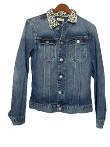 AllSaints Women's Small Blue Jean Denim Jacket Animal Print Corduroy Collar - Picture 1 of 5