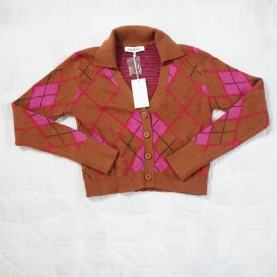 Cárdigan Suéter Sofie the Label Nuevo con Etiquetas Tejido Argyle Marrón Rosa Negro Cuello Pequeño Foto 1 de 4