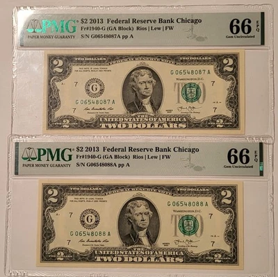 Two (2) 2013 FRB Chicago $2 Notes Gem Unc 66 EPQ PMG Consecutive Serials - Image 1 of 2