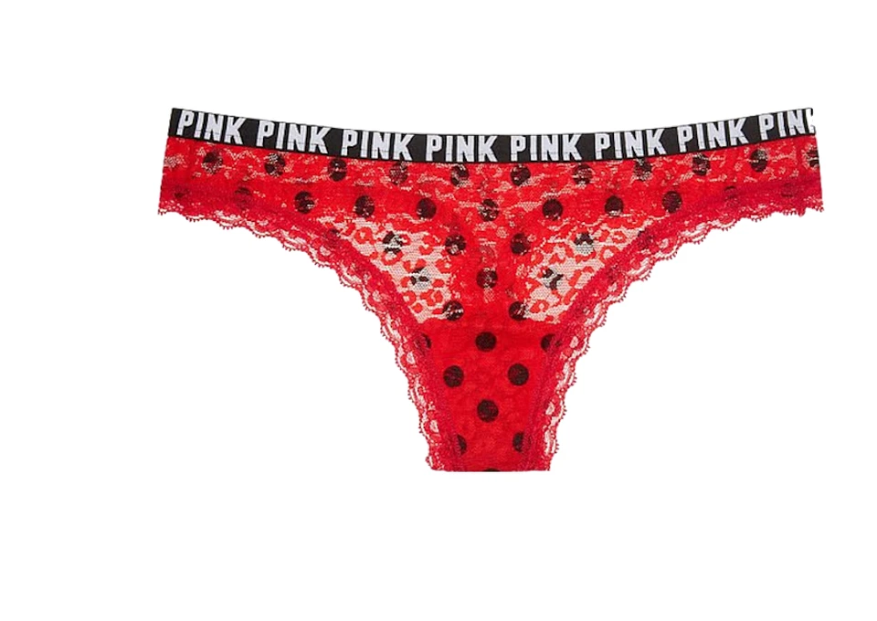 Victoria's Secret ROSA Leopardo Encaje Tanga Panty Rojo Lunares Foto 1 de 1