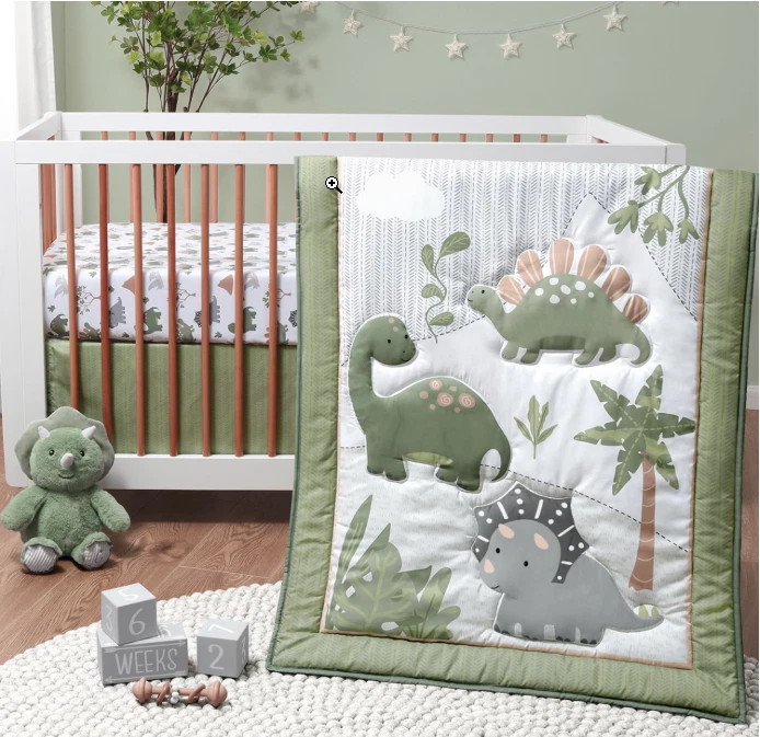 Juego de cama de cuna para bebé para niños, decoración de guardería de dinosaurios, camuflaje verde salvia, Crib Co Foto 1 de 4