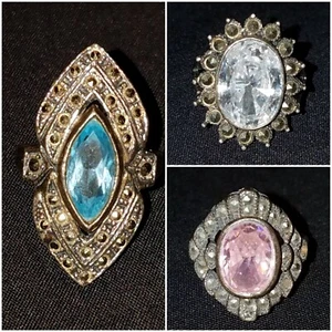 3 STUNNINGLY BEAUTIFUL OLD VINTAGE MARCASITE 925 SILVER & STONE RINGS JEWELRY  - Picture 1 of 23
