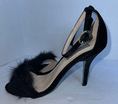 Betsey Johnson Sz 7.5 Crystal Nolte Black Velvet Faux Fur Ankle Strap Heels - Image 1 of 4