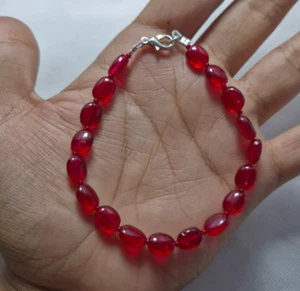 AAA+ Red Ruby Hydro Gemstone 8x10 mm Oval Beads 925 Silver 9" String Bracelets - Picture 1 of 7
