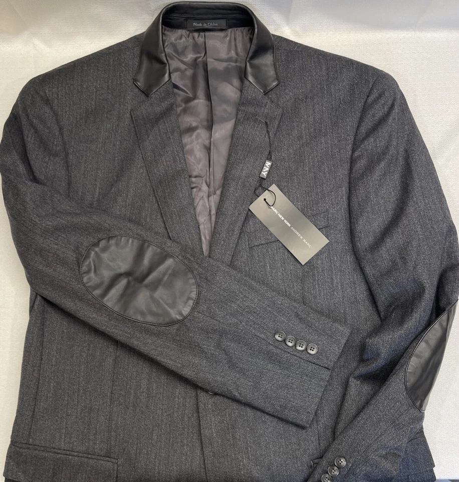 ANDREW MARC MENS 42L Gray Wool Blazer Sport Coat Jacket Black Elbow Patches NEW - Image 1 of 4