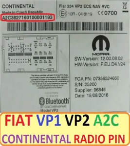 Unlock Pin Code provided FIAT CONTINENTAL Fiat 312 334 VP2 ECE Radio Unlock Code - Picture 1 of 1