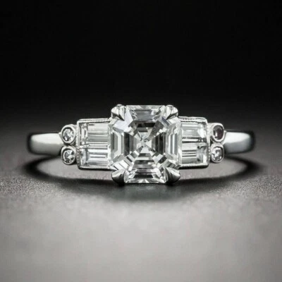 Art Deco Asscher Cut Lab Created Diamond Anniversary 14K White Gold Finish Ring - Image 1 of 4