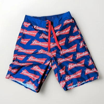 Budweiser Swim Trunks Shorts Red Blue all over Logo Print Men  Size S Beachwear - Image 1 of 4