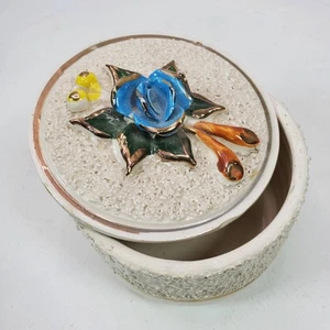 Vintage 1979 Trinket Box w/ Lid 4x3.5Inch Blue Rose Beige Ceramic - Picture 1 of 10