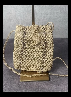 Vintage Crossbody Purse Macramé Crochet Tan Brown 7x6 Boho - Image 1 of 4