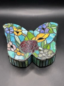 Tiffany Style Stained Glass Butterfly Table Storage Container Center Piece MINT! - Picture 1 of 11