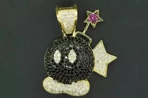 Charm Mens Pendant No Chain Simulated White/Black Diamond 14K Yellow Gold Finish - Picture 1 of 7