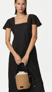 M&S AUTOGRAPH Black Linen Square Neck Midi Summer Dress XL UK20 EUR48 *VGC* £80 - Picture 1 of 5