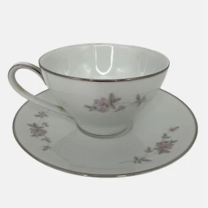 Noritake China Bellemead Flat Cup & Saucer 6314 Japan White Platinum Trim 1960s - Picture 1 of 8