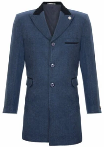 Para hombre 3/4 Largo Azul Marino Sobretodo Chaqueta Espina de Arenque Abrigo Tweed Blinder Pico - Imagen 1 de 5