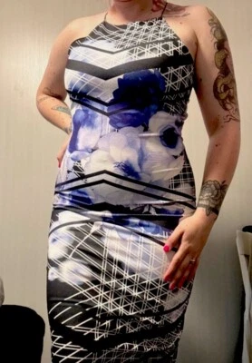 Lipsy Bodycon Dress 10 Blue White Print Party  Stretchy Occasion Wedding Xmas - Image 1 of 4