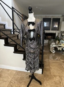 Jon Adam Made In England 70s Silver Metallic Ruched Sequined Bow Disco Dress S - Picture 1 of 14