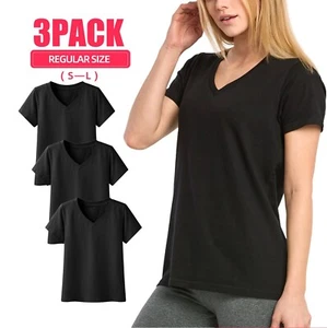 3 Pack Women's V Neck T-Shirts 95% Cotton Short Sleeve Classic Fit Solid Tee Top - Picture 1 of 30