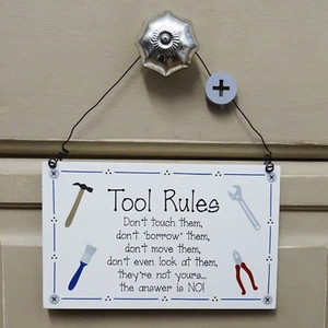 Plaque Tools Rule Funny Shed Sign Sarcastic Wooden Fathers Day Dad Builder Gift - Picture 1 of 1