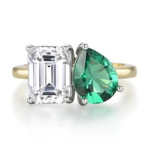 Ladies 9 Carat Gold on 925 Silver 4 Ct Emerald & White Sapphire Toi Et Mori Ring - Picture 1 of 8