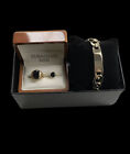 Yellow Gold Finish Men?s Curb Bracelet Blank Name Tag And Onyx Earring And Ring