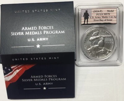 2024 U.S. ARMYSilver Medal PCGS MS70💥FLAWLESS QUALITY💥FDOI wt Orig Box & CoA - Image 1 of 4