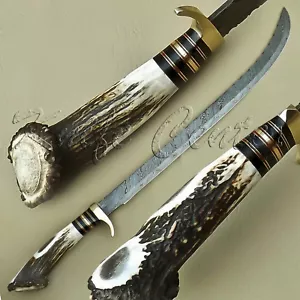 KC BEAUTIFUL CUSTOM HAND MADE DAMASCUS STEEL HUNTING SWORD KNIFE / STAG HANDLE - Picture 1 of 11