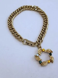 Vintage gold toned Chain Bracelet with floral charm and colored Rhinestones - Picture 1 of 4