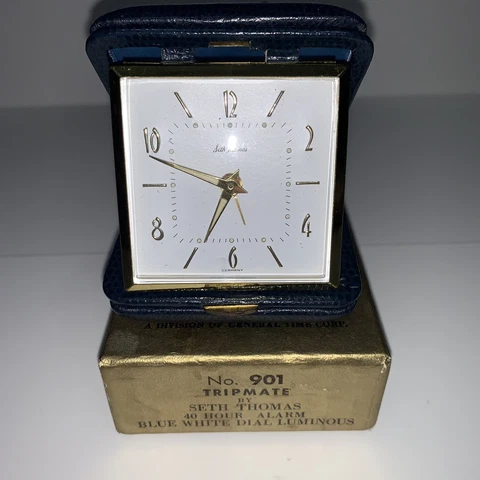 Vintage SETH THOMAS Tripmate 901 Travel Clock 40 Hour Alarm Blue White Luminous Cover