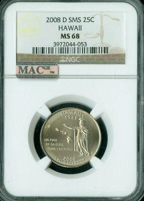 2008 D HAWAII QUARTER NGC MS68 SMS PQ 2ND FINEST REGISTRY MAC SPOTLESS 3 FINER . - Image 1 of 2