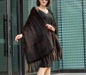 Para mujer Chal de piel de visón real Envolturas Poncho Estola Abrigo Marrón Bolsillo Fiesta Cena - Imagen 1 de 6
