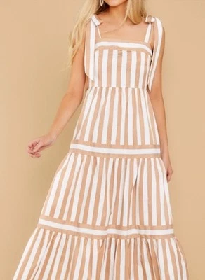 Champagne & Strawberry Striped “Im with You” Tie Straps Midi Dress Sz Xs - Image 1 of 4