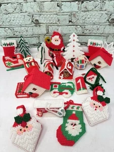 Lot Of 23 Handmade Vtg Christmas Ornaments Cross Stitch Plastic Canvas Yarn 3D - Picture 1 of 20
