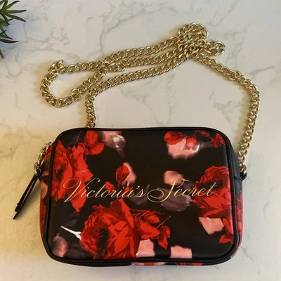 Nuevo Bolso Bandolera Victoria's Secret Rojo Negro Estampado Floral Rosa Cartera Correa Dorada Foto 1 de 4