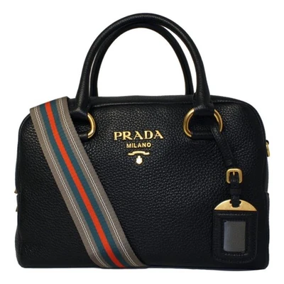 Prada Vitello Phenix Black Leather Web Stripe Crossbody Satchel Bag NEW - Image 1 of 4