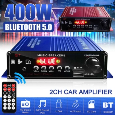 400W Bluetooth Car Amplifier FM B SD w/Remote 2 Channel Hifi Audio Stereo Amp - Image 1 of 4