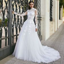 Illusion High Neck Wedding Dresses Long Sleeve Applique Tulle A-Line Bridal Gown