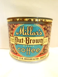 VINTAGE 1LB KEY WIND COFFEE TIN CAN ADVERTISING MILLAR'S NUT-BROWN COFFEE - Picture 1 of 8