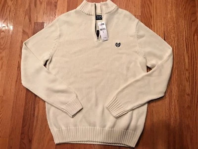 NWT Mens Chaps Cream with Blue Logo Half Zipper Sweater Long Sleeve Small - Image 1 of 2