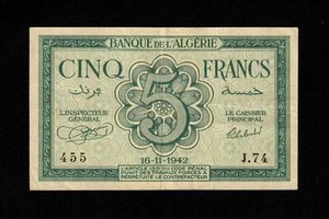 Billet ALGERIA - ALGERIA - 5 Francs 1942 Pick 91 pr.VF / VF- - Picture 1 of 3