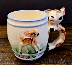 Vintage 1950's Hand Painted "Always Drink Milk" Childrens Cup With Deer Handle - Picture 1 of 14