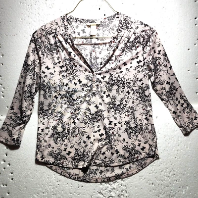 H&M Top Womens Small Beige Red Beetle Floral Plants Long Sleeve Blouse V Neck - Image 1 of 4